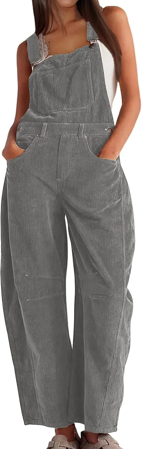Corduroy Overalls for Women Casual Retro Barrel Wide Leg Bib Pants Adjustable Strap Tapered Rompers with Pockets 2025