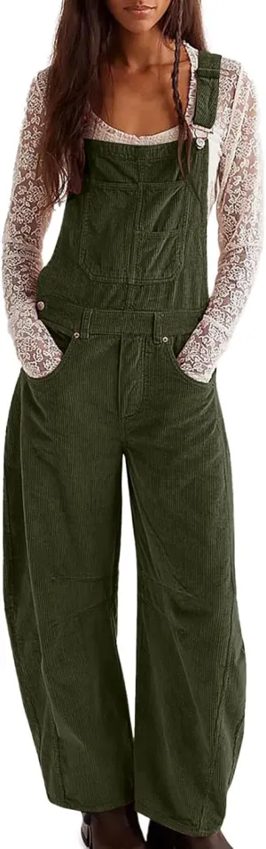 Corduroy Overalls for Women Casual Retro Barrel Wide Leg Bib Pants Adjustable Strap Tapered Rompers with Pockets 2025