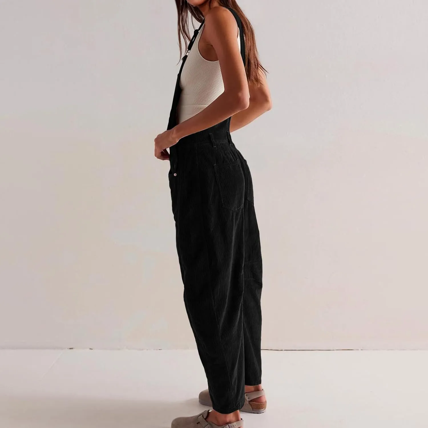 Corduroy Overalls for Women Casual Retro Barrel Wide Leg Bib Pants Adjustable Strap Tapered Rompers with Pockets 2025