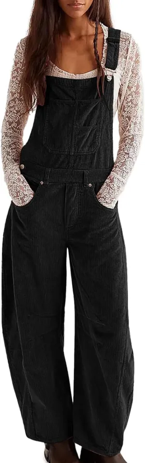Corduroy Overalls for Women Casual Retro Barrel Wide Leg Bib Pants Adjustable Strap Tapered Rompers with Pockets 2025