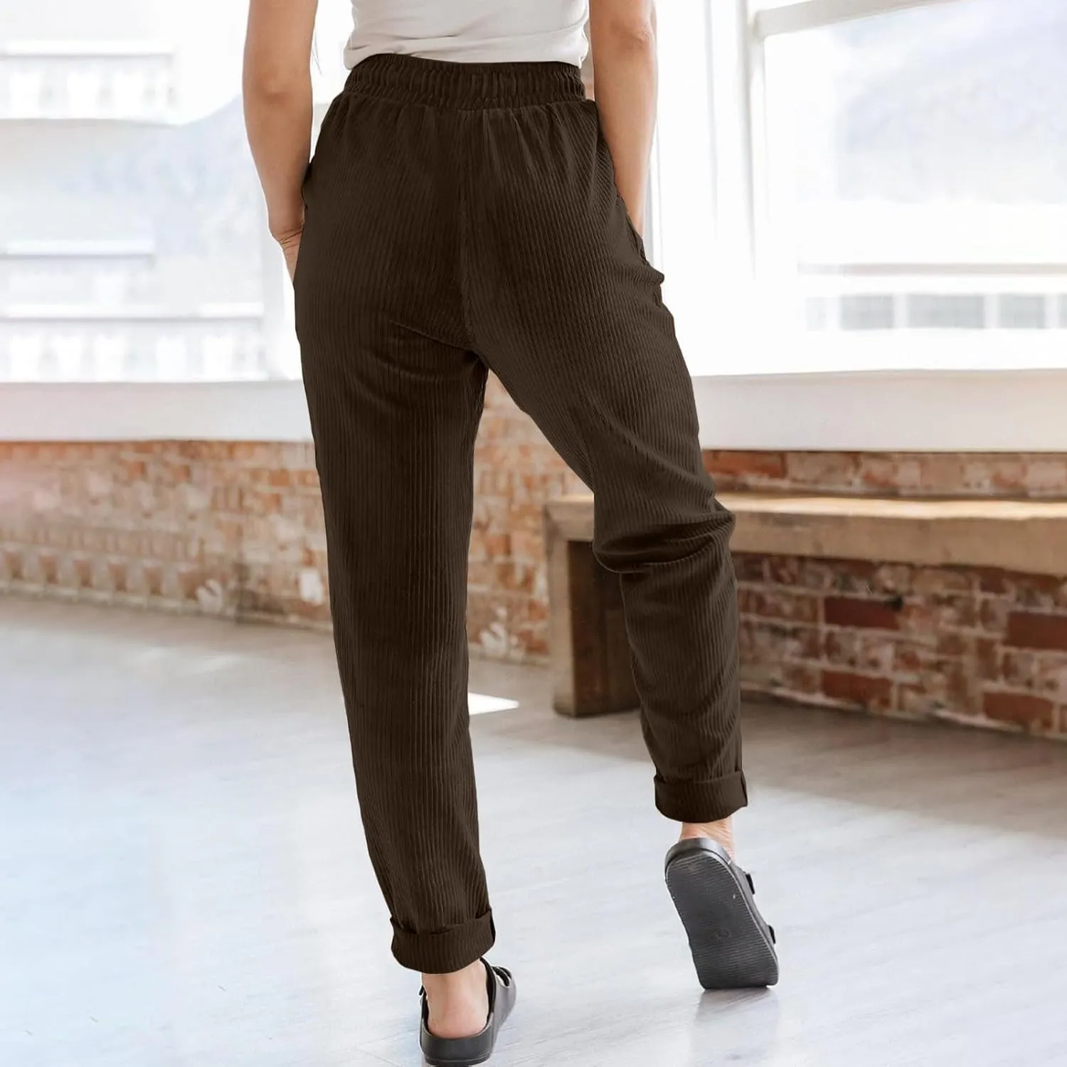 Corduroy Pants for Women High Waisted Drawstring Casual Straight Leg Pants Loose Comfy Lounge Trousers with Pockets