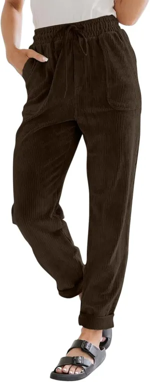 Corduroy Pants for Women High Waisted Drawstring Casual Straight Leg Pants Loose Comfy Lounge Trousers with Pockets