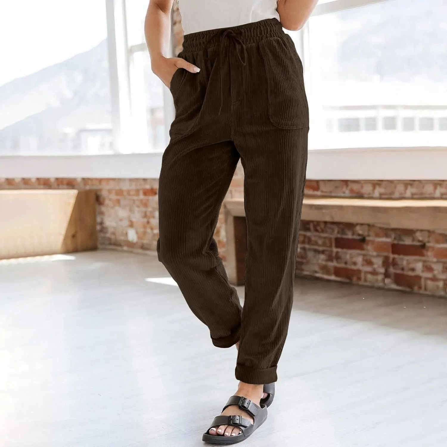 Corduroy Pants for Women High Waisted Drawstring Casual Straight Leg Pants Loose Comfy Lounge Trousers with Pockets