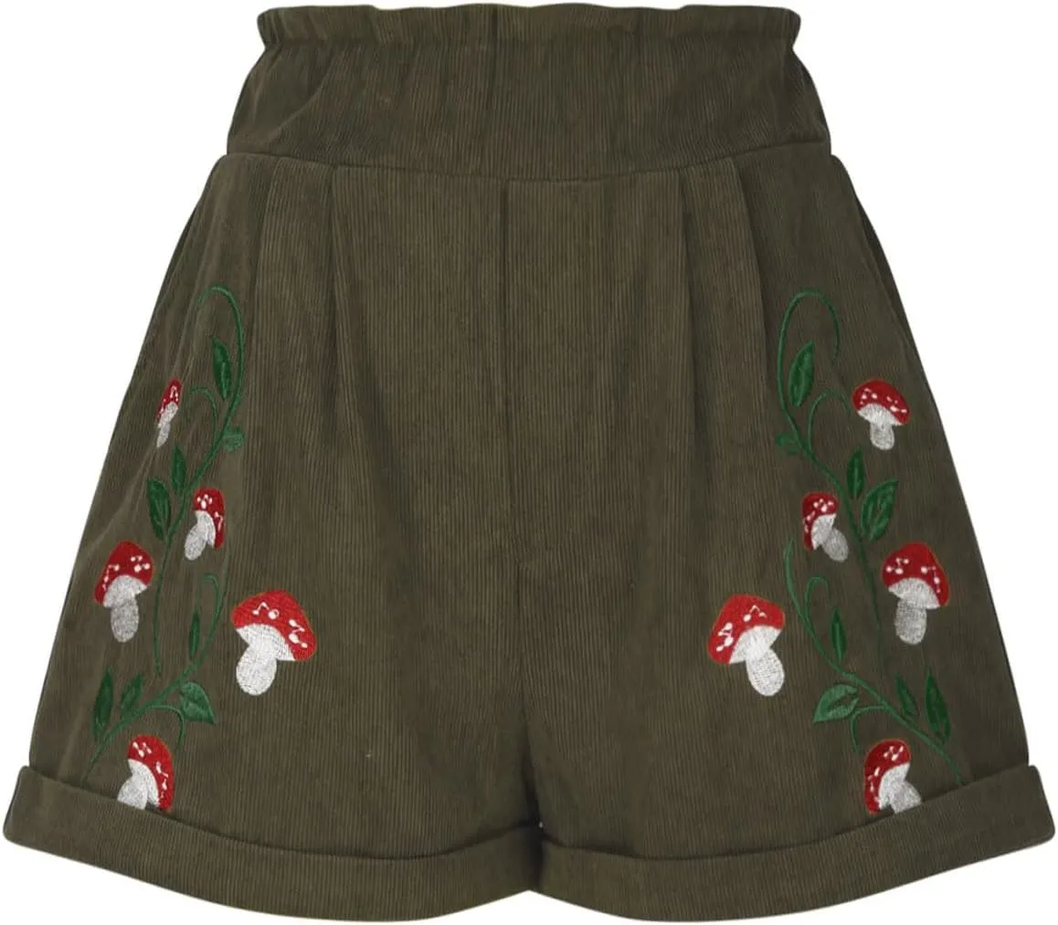 Corduroy Shorts for Women Mushroom Embroidery Lounge Shorts Elastic High Waisted Straight Leg Sweat Shorts