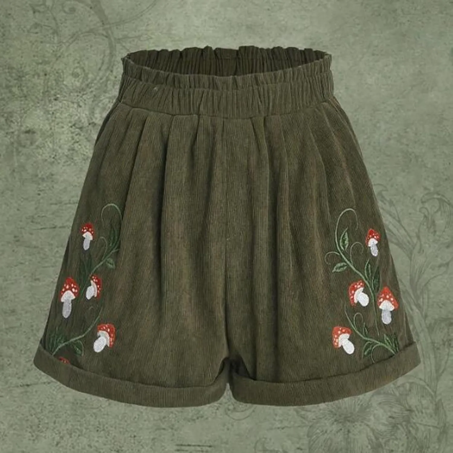 Corduroy Shorts for Women Mushroom Embroidery Lounge Shorts Elastic High Waisted Straight Leg Sweat Shorts
