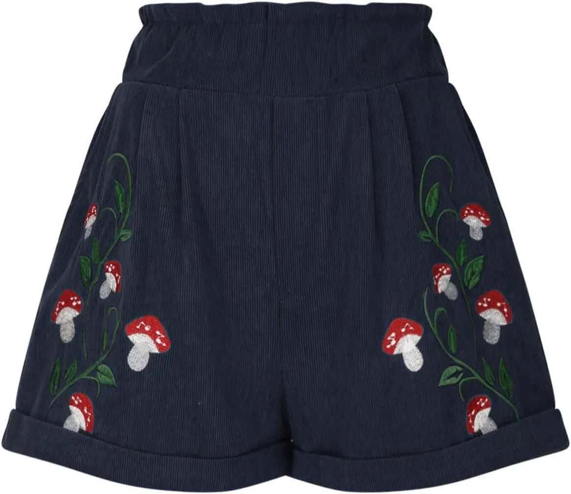 Corduroy Shorts for Women Mushroom Embroidery Lounge Shorts Elastic High Waisted Straight Leg Sweat Shorts