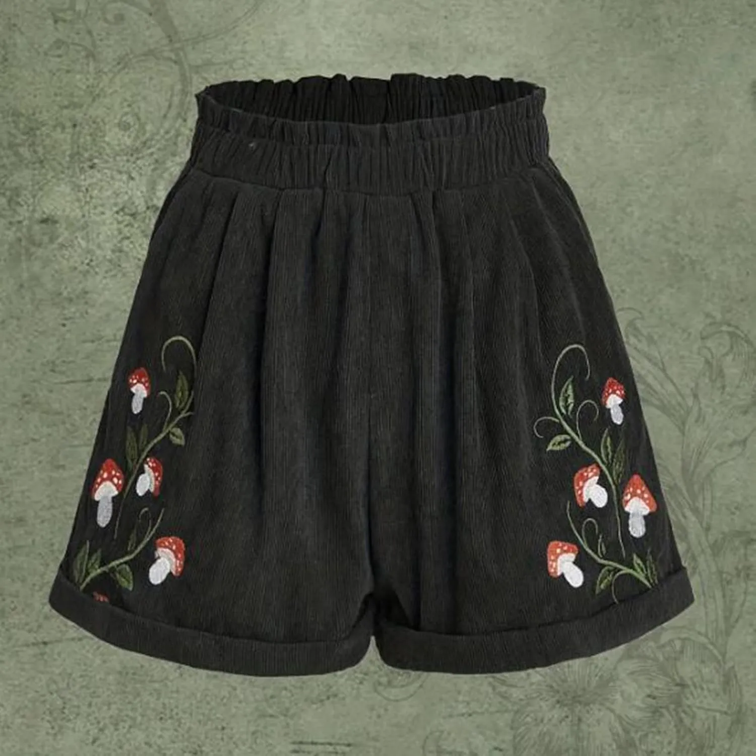 Corduroy Shorts for Women Mushroom Embroidery Lounge Shorts Elastic High Waisted Straight Leg Sweat Shorts