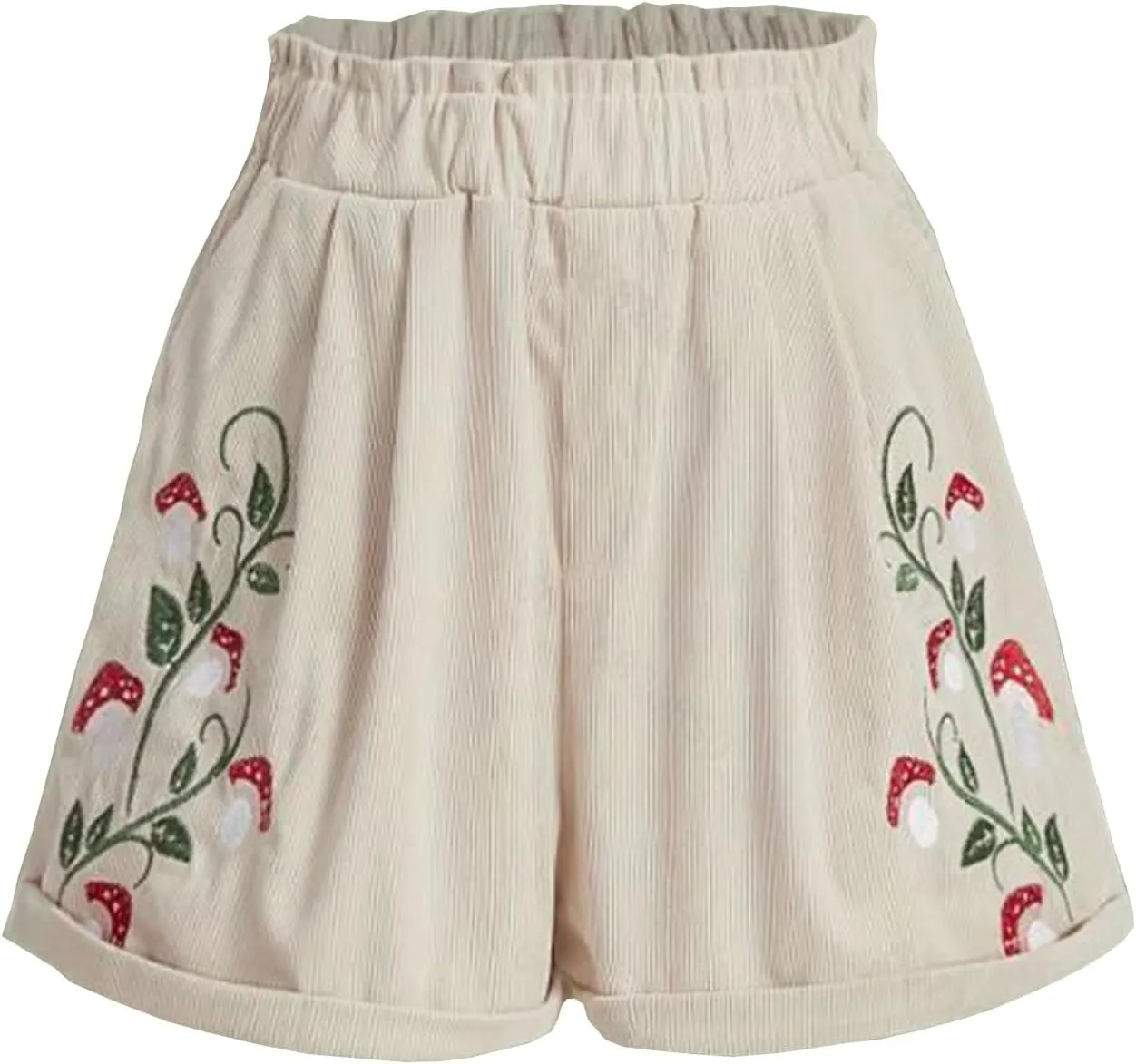 Corduroy Shorts for Women Mushroom Embroidery Lounge Shorts Elastic High Waisted Straight Leg Sweat Shorts