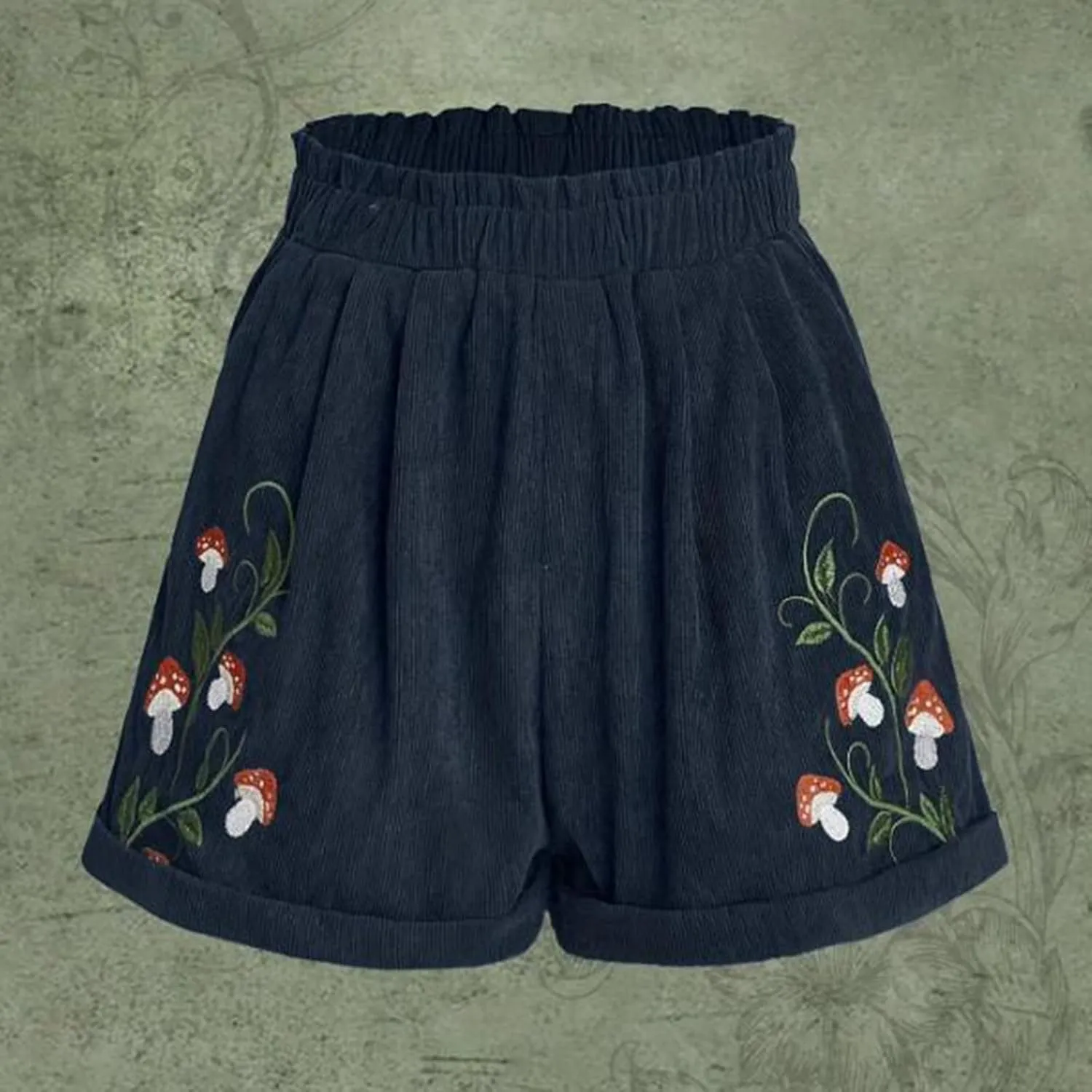 Corduroy Shorts for Women Mushroom Embroidery Lounge Shorts Elastic High Waisted Straight Leg Sweat Shorts