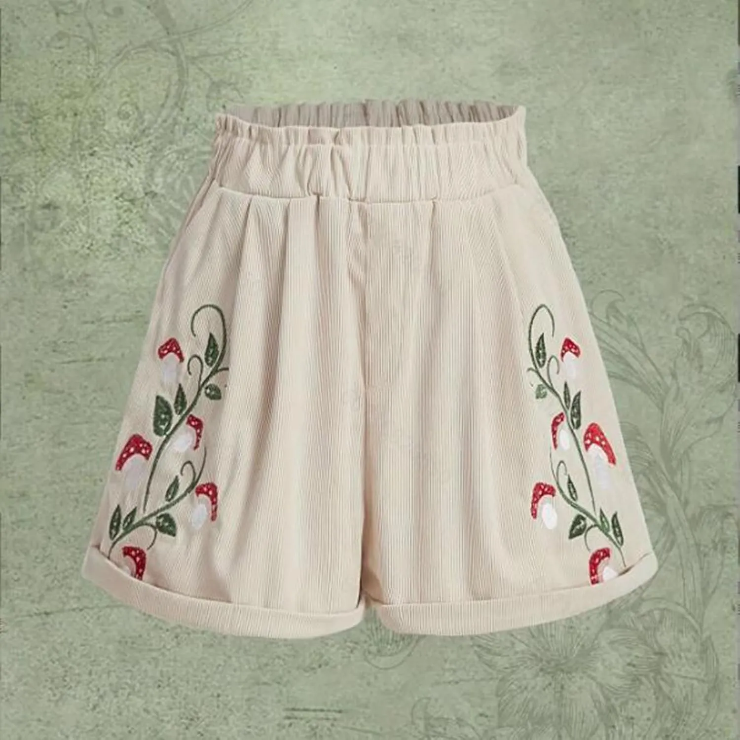 Corduroy Shorts for Women Mushroom Embroidery Lounge Shorts Elastic High Waisted Straight Leg Sweat Shorts