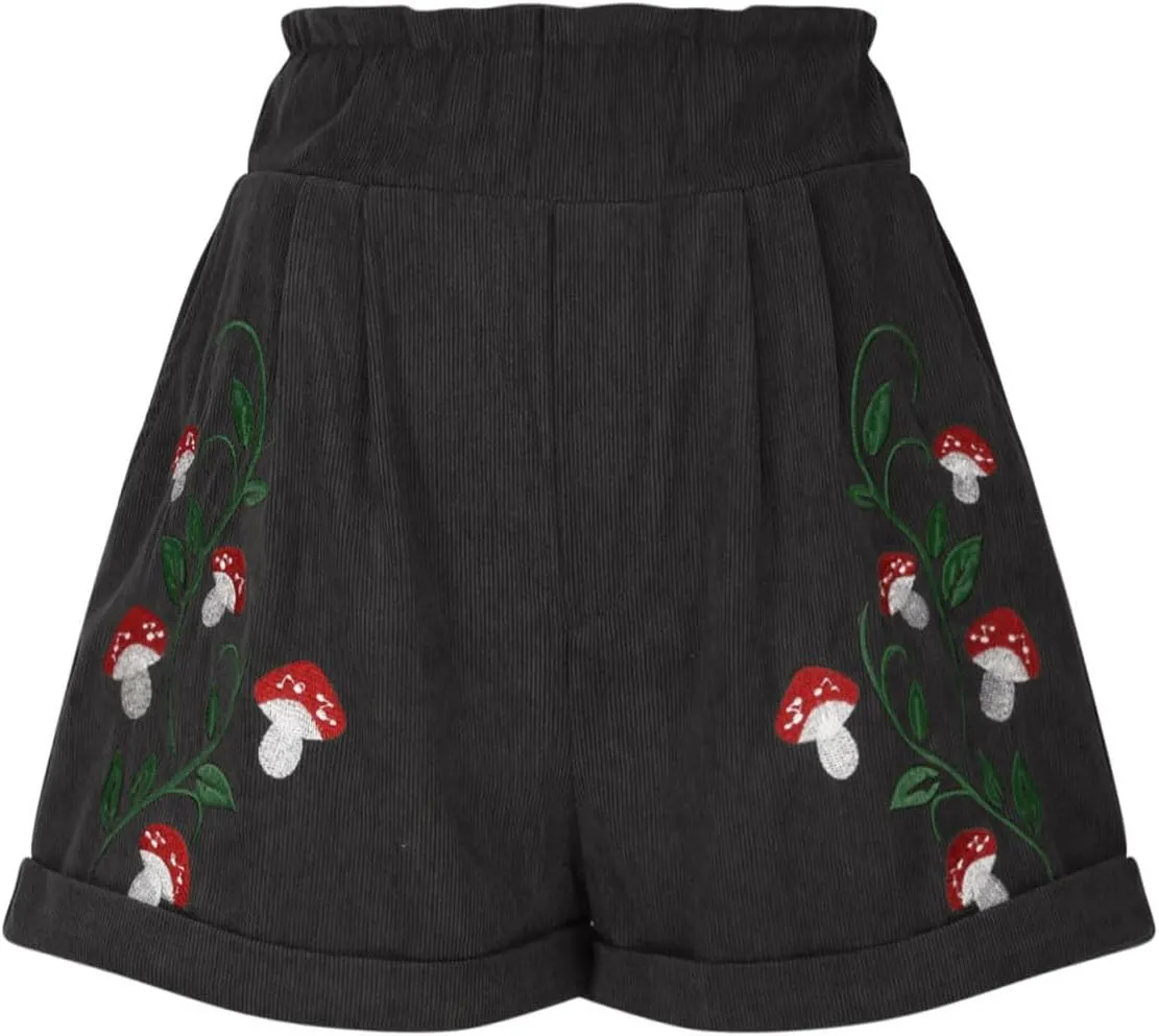 Corduroy Shorts for Women Mushroom Embroidery Lounge Shorts Elastic High Waisted Straight Leg Sweat Shorts