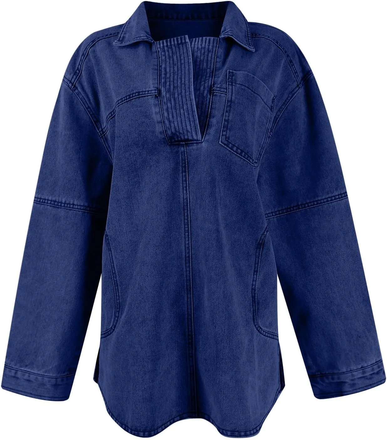 COTECRAM Womens Denim Tops Pullover Trendy Casual V Neck Loose Fit Long Sleeve oversized Jean Shirts Jacket with Pocket