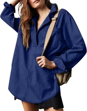 COTECRAM Womens Denim Tops Pullover Trendy Casual V Neck Loose Fit Long Sleeve oversized Jean Shirts Jacket with Pocket