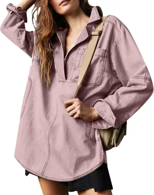 COTECRAM Womens Denim Tops Pullover Trendy Casual V Neck Loose Fit Long Sleeve oversized Jean Shirts Jacket with Pocket