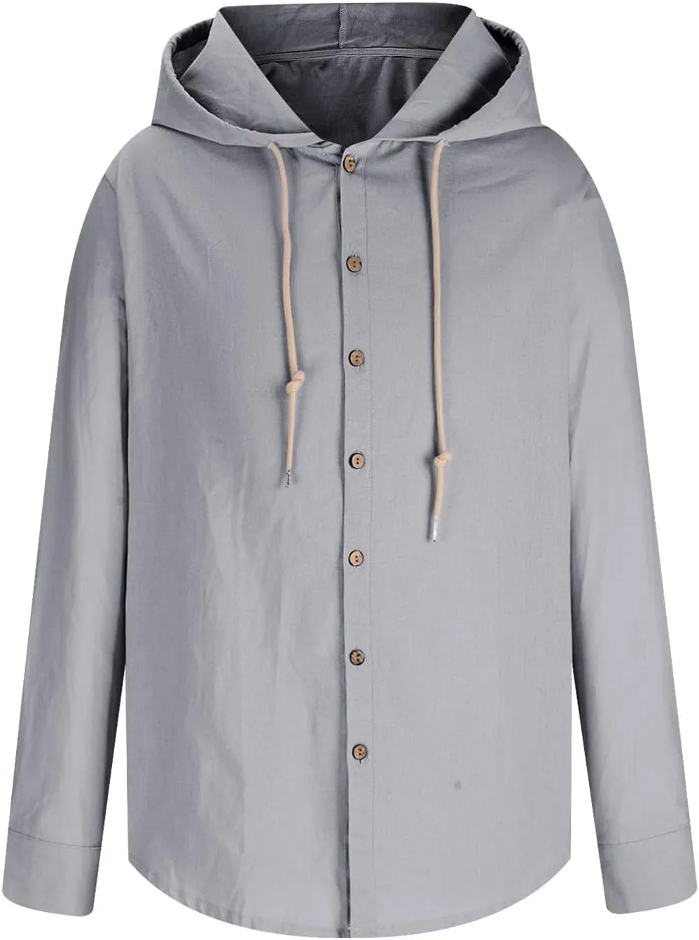 Cotton Linen Button Down Shirts for Men Long Sleeve Drawstring Hooded Tops Casual Lightweight Hoodie Shirt