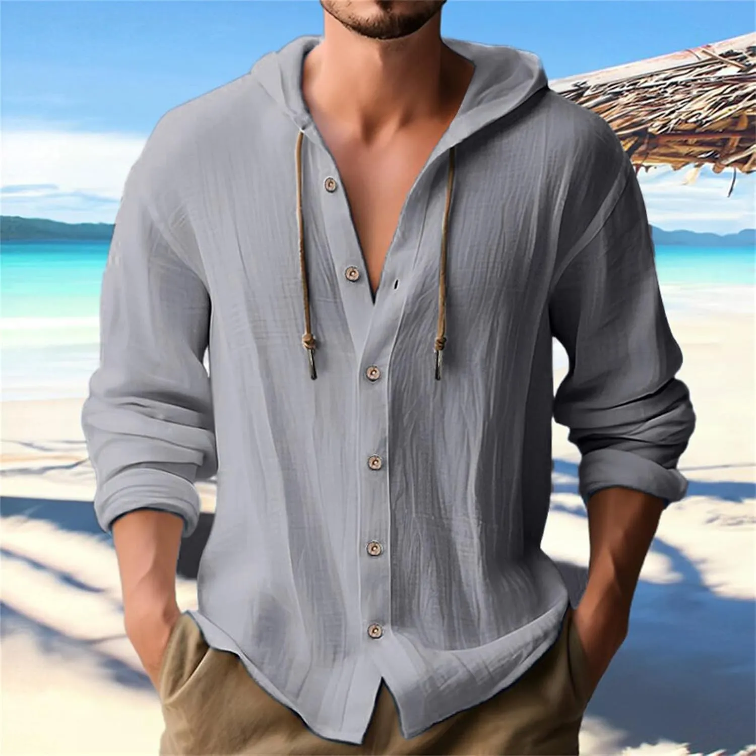 Cotton Linen Button Down Shirts for Men Long Sleeve Drawstring Hooded Tops Casual Lightweight Hoodie Shirt