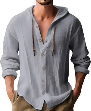 Cotton Linen Button Down Shirts for Men Long Sleeve Drawstring Hooded Tops Casual Lightweight Hoodie Shirt