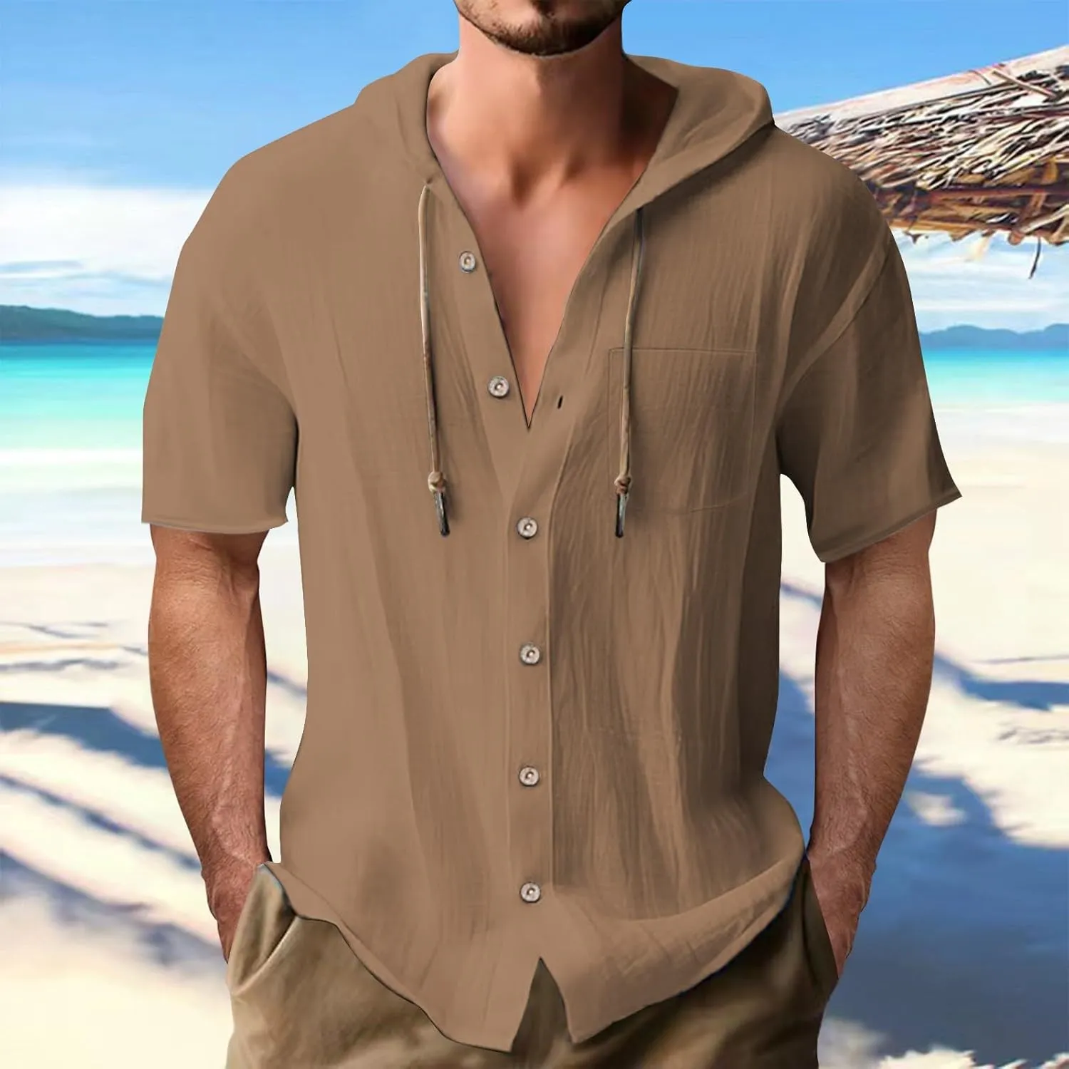 Cotton Linen Hoodie Shirts for Men V Neck Button Down Hooded Pullover Lightweight Summer Casual Hawaiian Beach Yoga Shirts