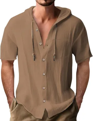 Cotton Linen Hoodie Shirts for Men V Neck Button Down Hooded Pullover Lightweight Summer Casual Hawaiian Beach Yoga Shirts