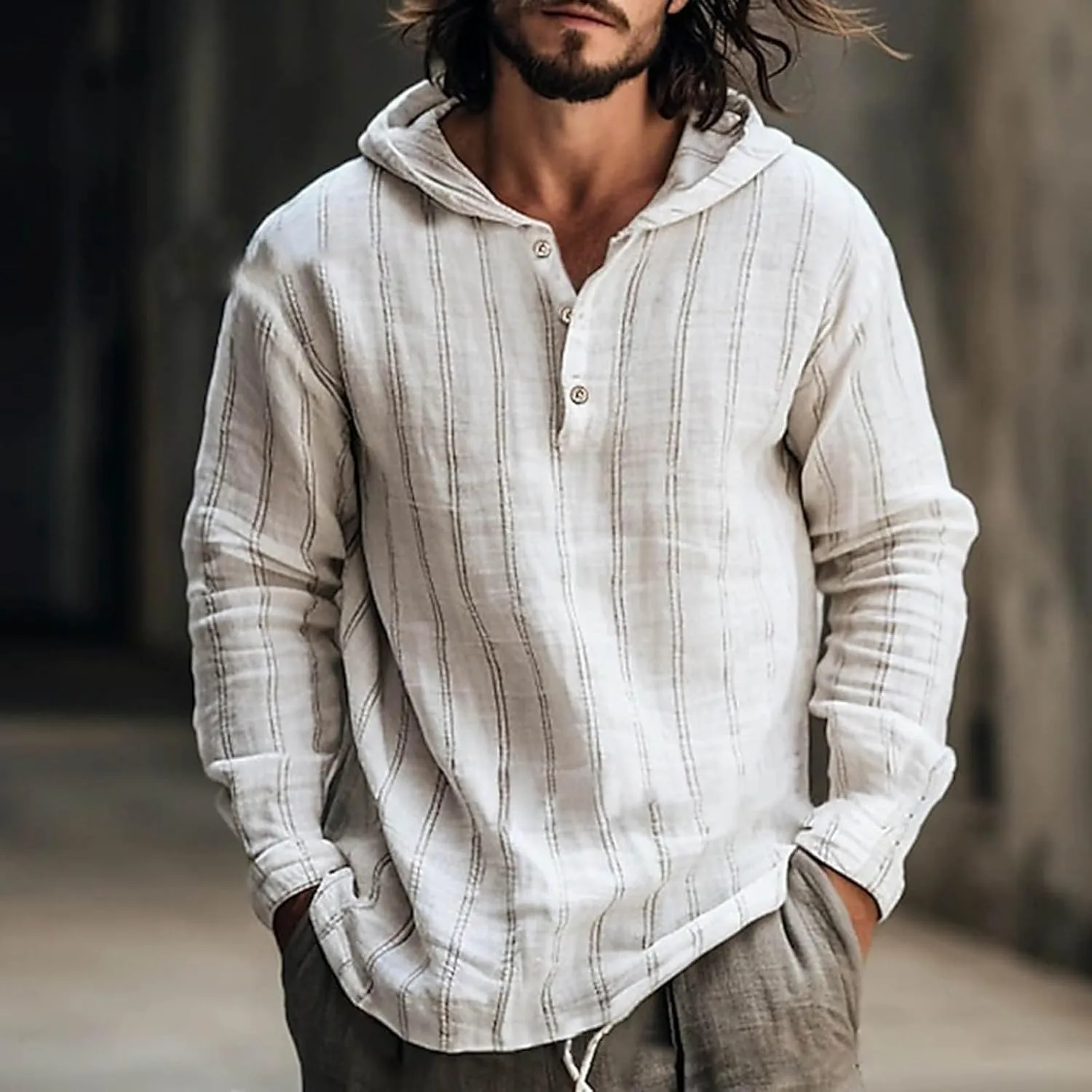 Cotton Linen Hoodies for Men Drawstring Hooded Button Down Beach Hippie Shirts Casual Lightweight Cotton Tee Shirts Tops