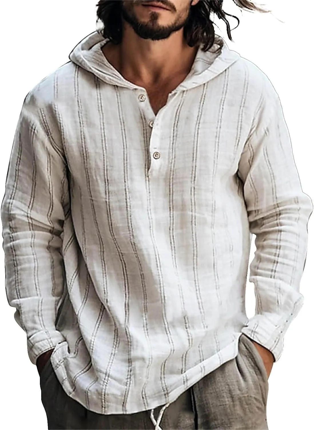 Cotton Linen Hoodies for Men Drawstring Hooded Button Down Beach Hippie Shirts Casual Lightweight Cotton Tee Shirts Tops