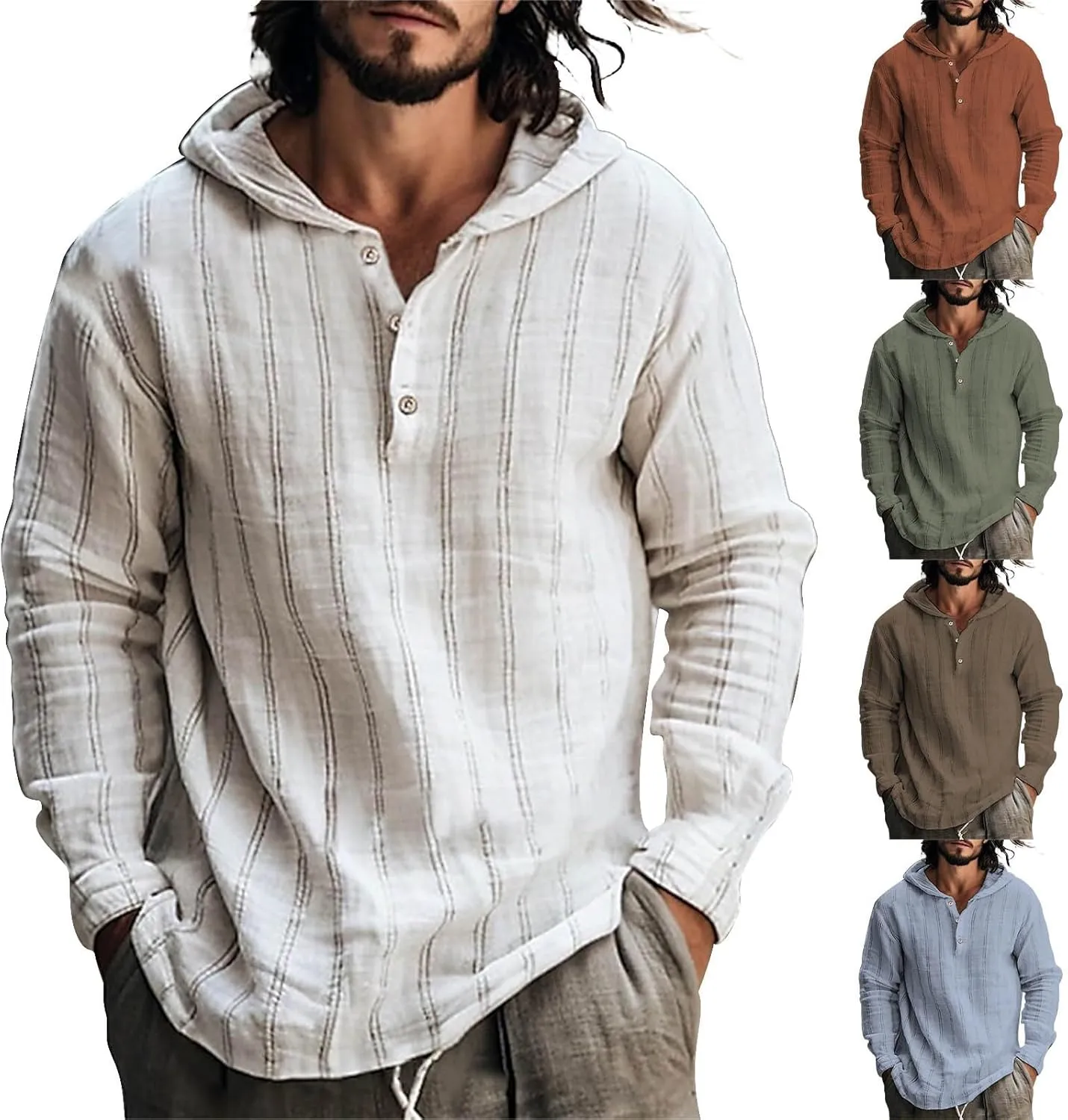 Cotton Linen Hoodies for Men Drawstring Hooded Button Down Beach Hippie Shirts Casual Lightweight Cotton Tee Shirts Tops