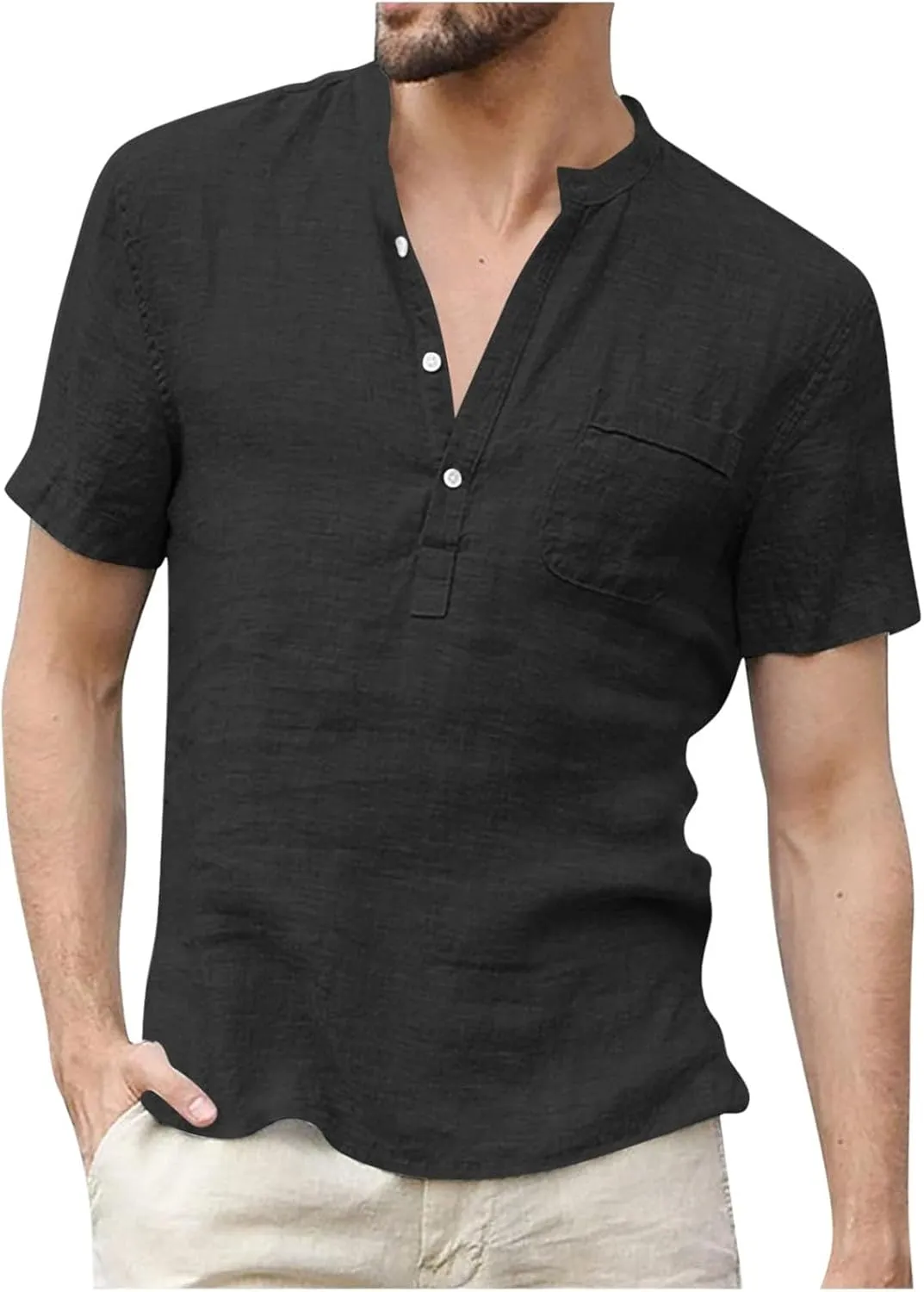 Cotton Linen Short Sleeve Shirts for Men Vintage Lightweight Button Up Hawaiian Beach T-Shirts Casual Pullover Tees