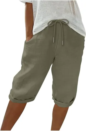 Cotton Linen Shorts 2025 Fashion Womens Summer Casual Drawstring Elastic Waist Knee Length Bermuda Short Pants