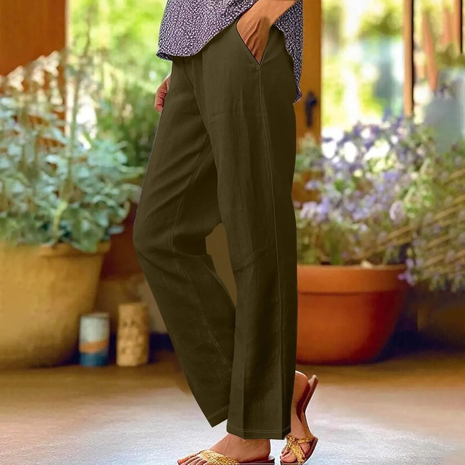 Cotton Yoga Pants for Women Cotton and Linen Long Pants 2025 Flowy Beach Trendy Trousers with Pockets Women's