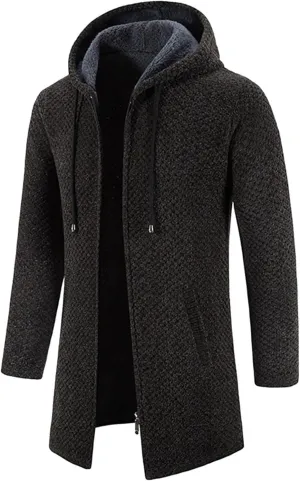 CRNTCEM Mens Long Cardigan Hoodies Winter Fleece Lined Warm Knitted Sweater Coats Full Zipper Open Front Drape Cape Overcoat