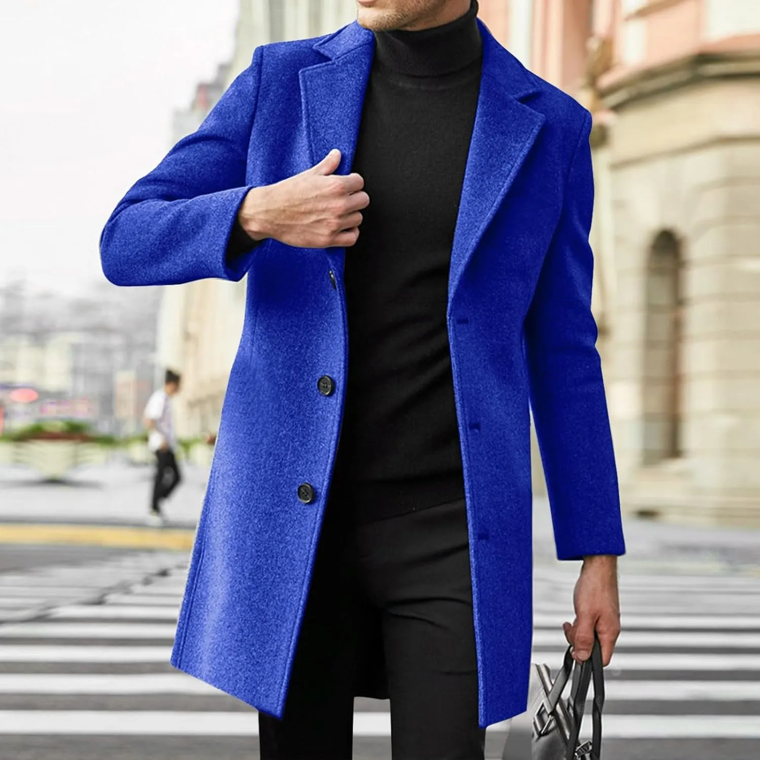 CRNTCEM Men's Wool Blend Trench Coat Single Breasted Notched Lapel Slim Fit Winter Windproof Warm Business Jacket Overcoat