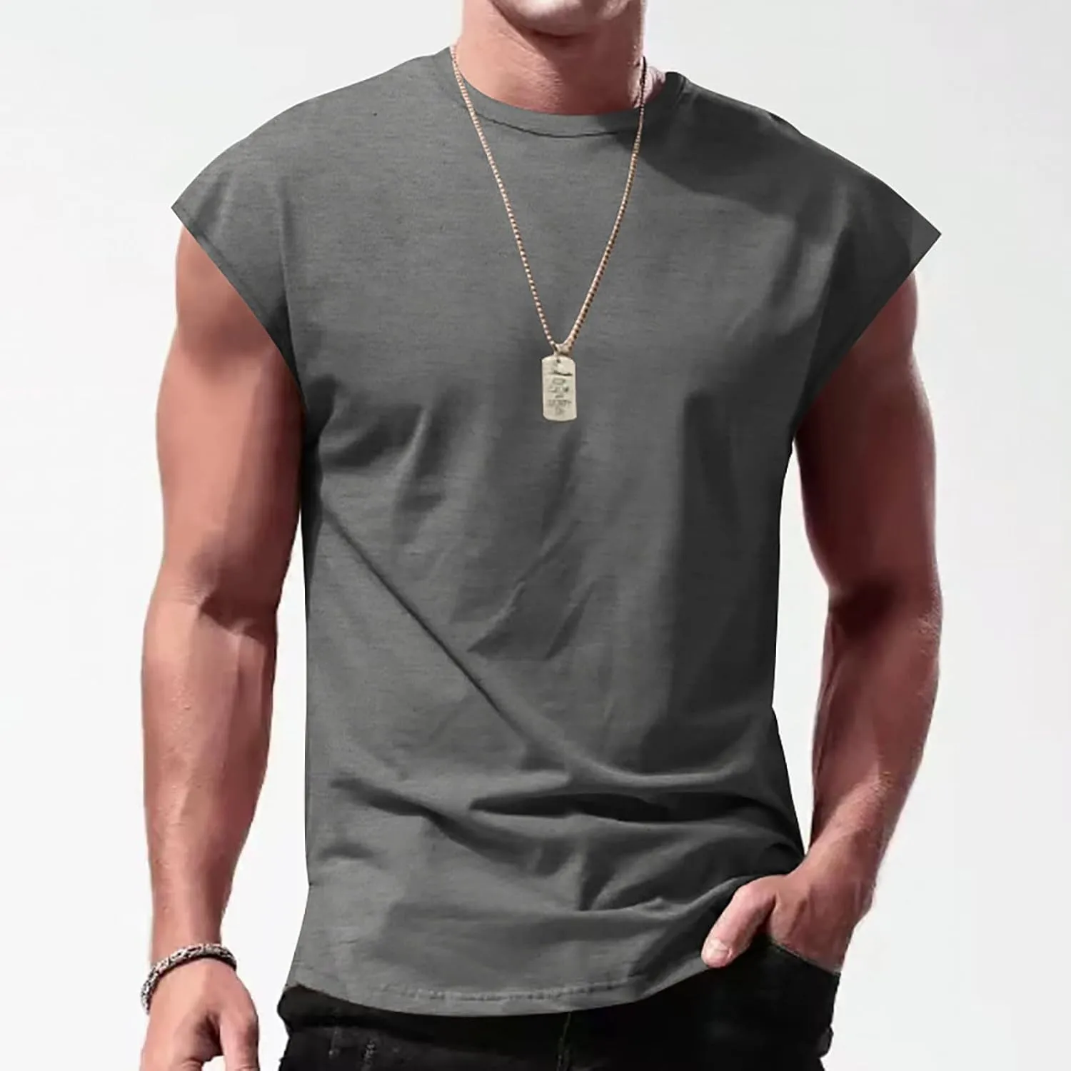 Cut Off Workout Tank Tops for Men Cap Sleeve Loose Athletic Muscle T-Shirt Athletic Sleeveless Gym Running Sport Vest