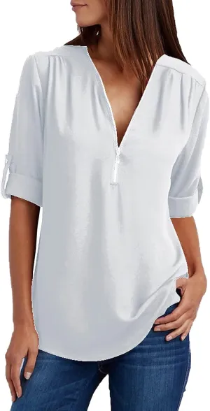 DASAYO Women's V Neck Zip Chiffon Tops Blouses Rolled Long Sleeve Loose Fit Shirts Top Comfy Fashion Casual Blouse Shirt