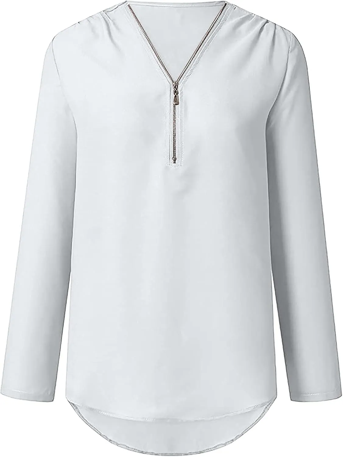 DASAYO Women's V Neck Zip Chiffon Tops Blouses Rolled Long Sleeve Loose Fit Shirts Top Comfy Fashion Casual Blouse Shirt