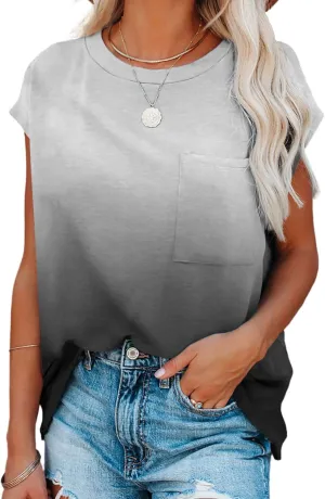 Diukia Women's Summer Cute Color Block Gradient Pocket T Shirts Casual Loose Batwing Short Sleeve Tee Shirts Basic Crewneck Cap Sleeve Tops Blouses Round Neck Tshirt for Teen Girls Ladies Gray L
