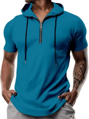 evzosrz Hoodies Mens Quarter Zipper Short Sleeve Hooded T-Shirts Drawstring Lightweight V Neck Pullover Summer Athletic Shirt
