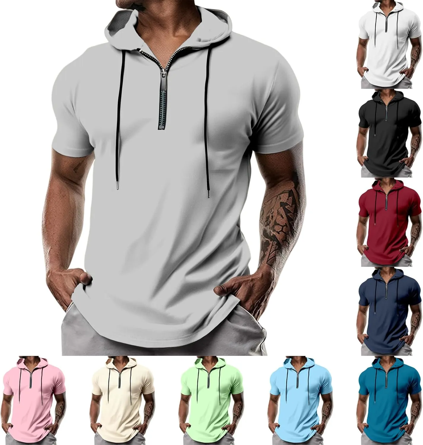 evzosrz Hoodies Mens Quarter Zipper Short Sleeve Hooded T-Shirts Drawstring Lightweight V Neck Pullover Summer Athletic Shirt