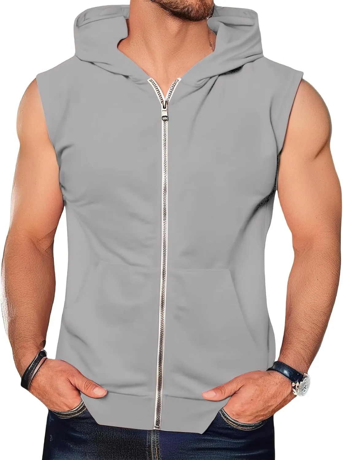 evzosrz Mens Workout Hoodies Full Zip Hooded Tank Tops Fashion Sleeveless Bodybuilding Fitness Muscle Tees Shirt with Pocket