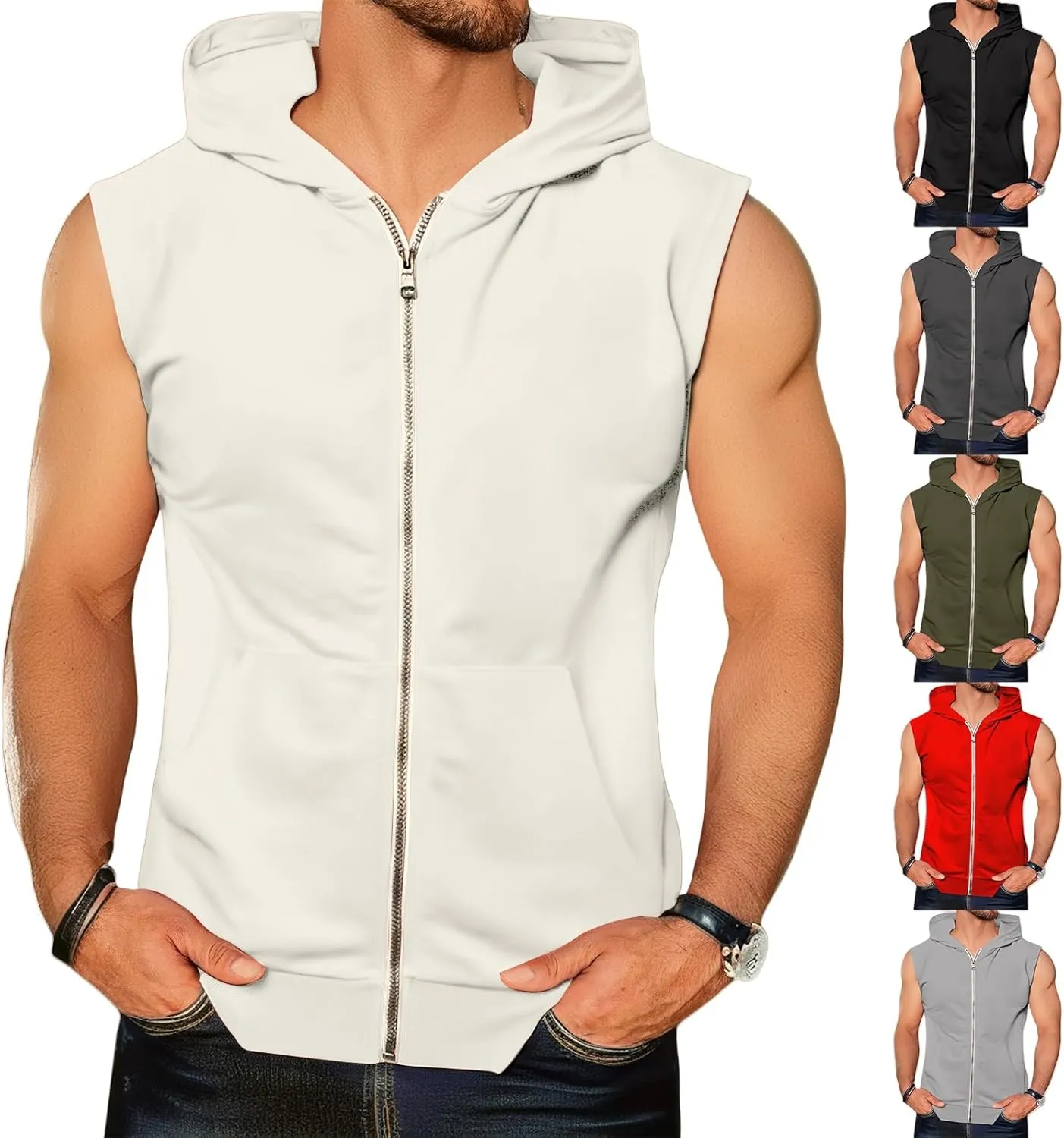 evzosrz Mens Workout Hoodies Full Zip Hooded Tank Tops Fashion Sleeveless Bodybuilding Fitness Muscle Tees Shirt with Pocket