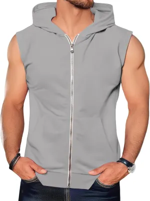 evzosrz Mens Workout Hoodies Full Zip Hooded Tank Tops Fashion Sleeveless Bodybuilding Fitness Muscle Tees Shirt with Pocket