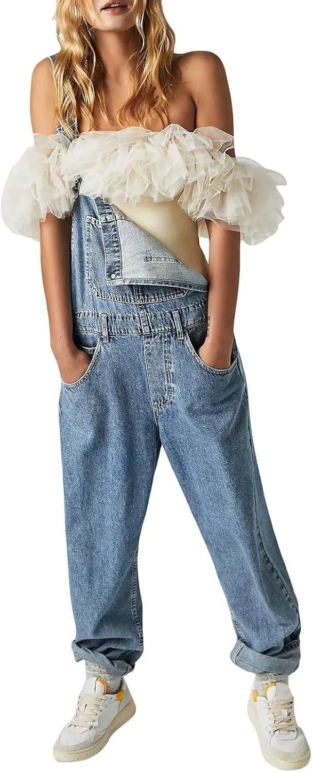 Faretumiya Denim Overalls Women Sleeveless Oversized Bib Pants Straight Leg Jeans Dungarees Ajustable Suspenders Trousers