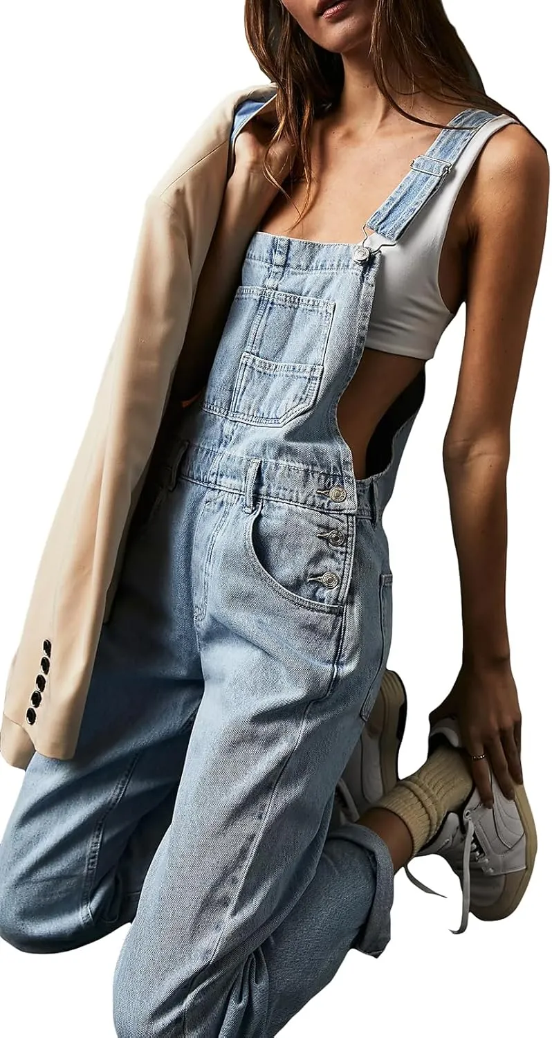 Faretumiya Denim Overalls Women Sleeveless Oversized Bib Pants Straight Leg Jeans Dungarees Ajustable Suspenders Trousers