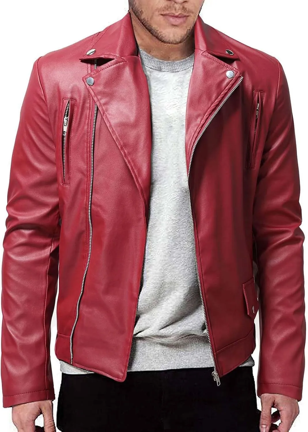 Faux Leather Jacket for Men Black Motorcycle Bomber Jackets Lightweight Lapel Asymmetric Zip-Up Slim Fit Biker Coats
