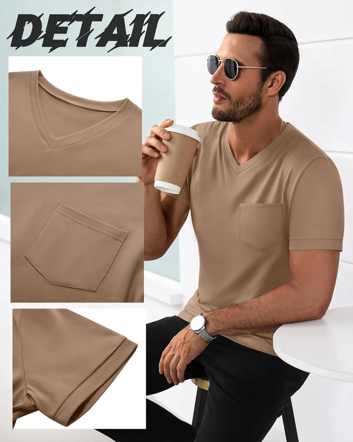 Ficerd 3 Pack Men's V Neck Pocket T-Shirts Short Sleeve Comfort Dressy Tee Shirts Casual Summer Athletic Plain Color Tops