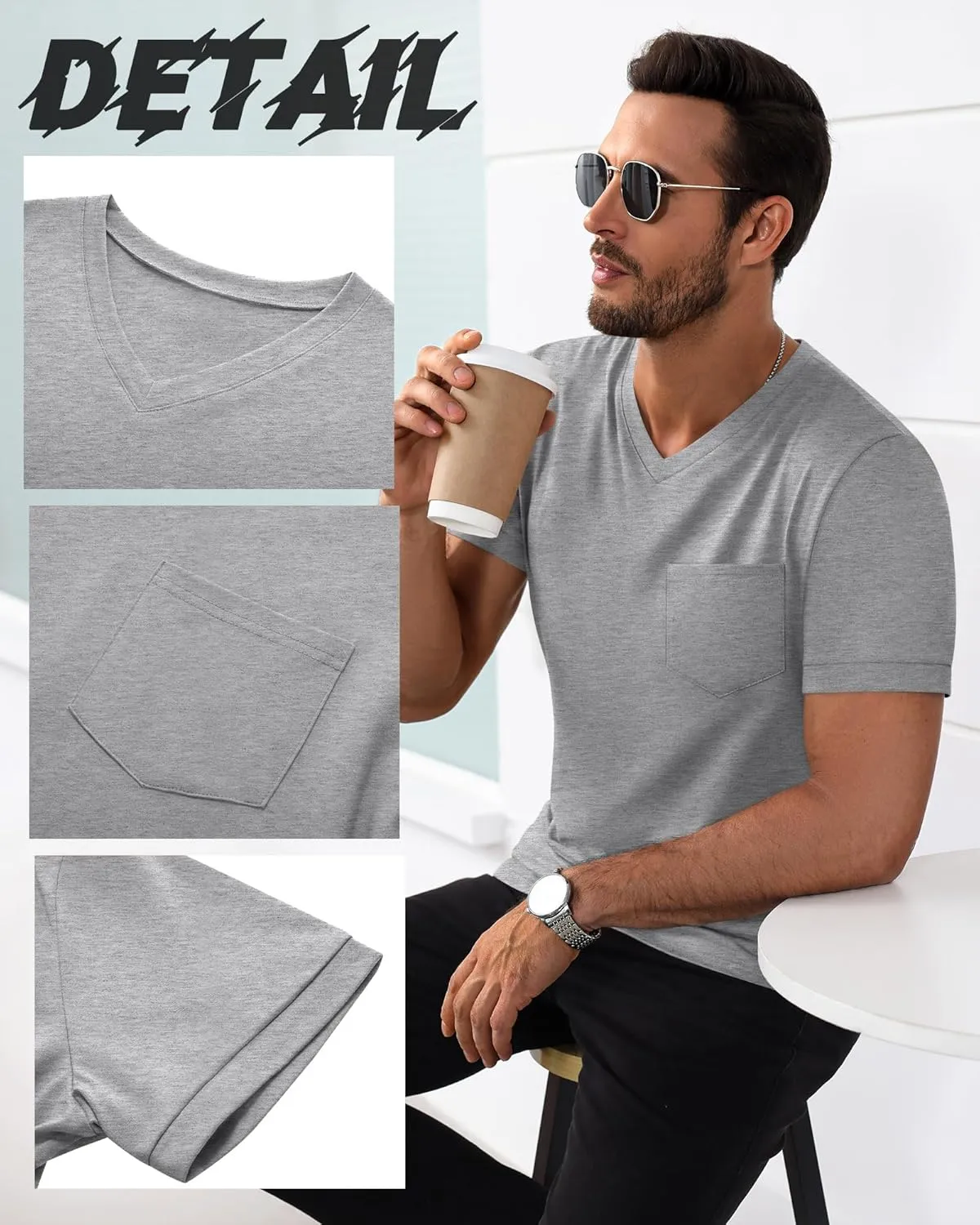 Ficerd 3 Pack Men's V Neck Pocket T-Shirts Short Sleeve Comfort Dressy Tee Shirts Casual Summer Athletic Plain Color Tops