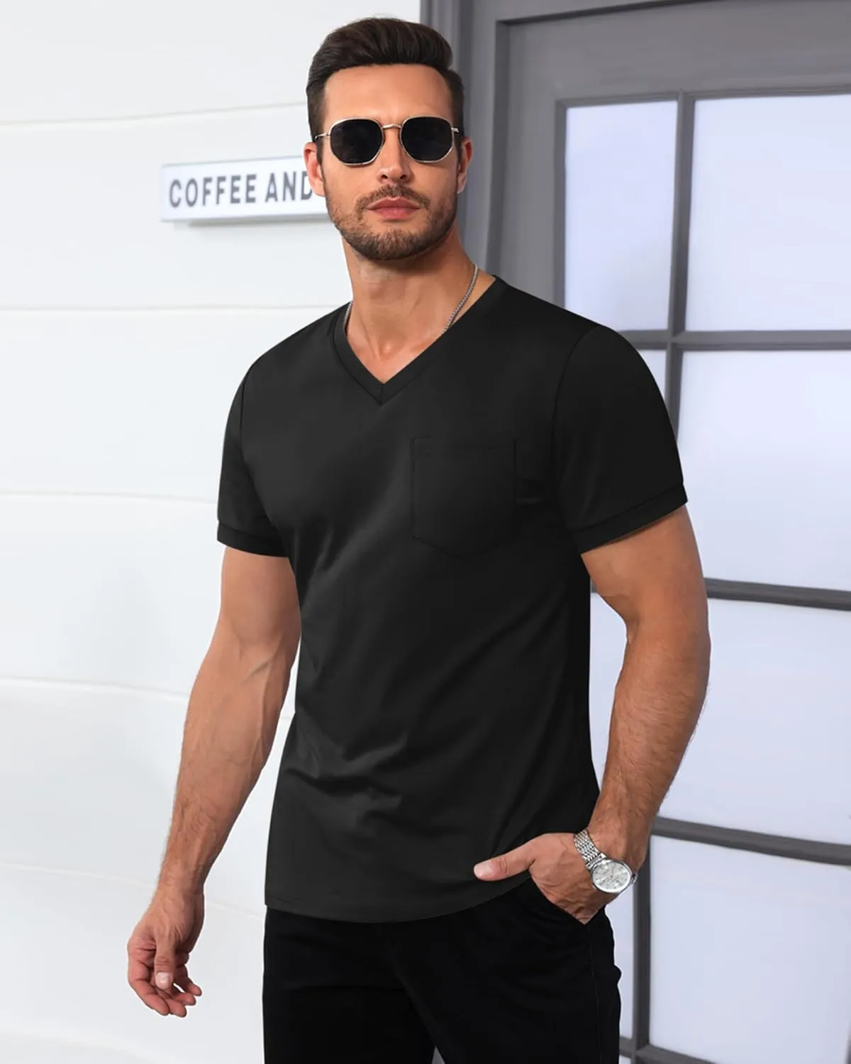 Ficerd 3 Pack Men's V Neck Pocket T-Shirts Short Sleeve Comfort Dressy Tee Shirts Casual Summer Athletic Plain Color Tops