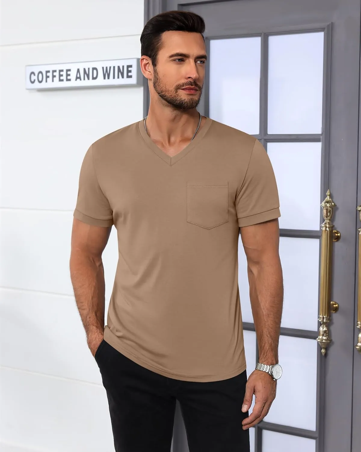 Ficerd 3 Pack Men's V Neck Pocket T-Shirts Short Sleeve Comfort Dressy Tee Shirts Casual Summer Athletic Plain Color Tops