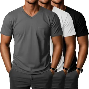 Ficerd 3 Pack Men's V Neck Pocket T-Shirts Short Sleeve Comfort Dressy Tee Shirts Casual Summer Athletic Plain Color Tops