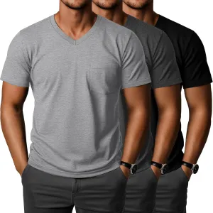 Ficerd 3 Pack Men's V Neck Pocket T-Shirts Short Sleeve Comfort Dressy Tee Shirts Casual Summer Athletic Plain Color Tops