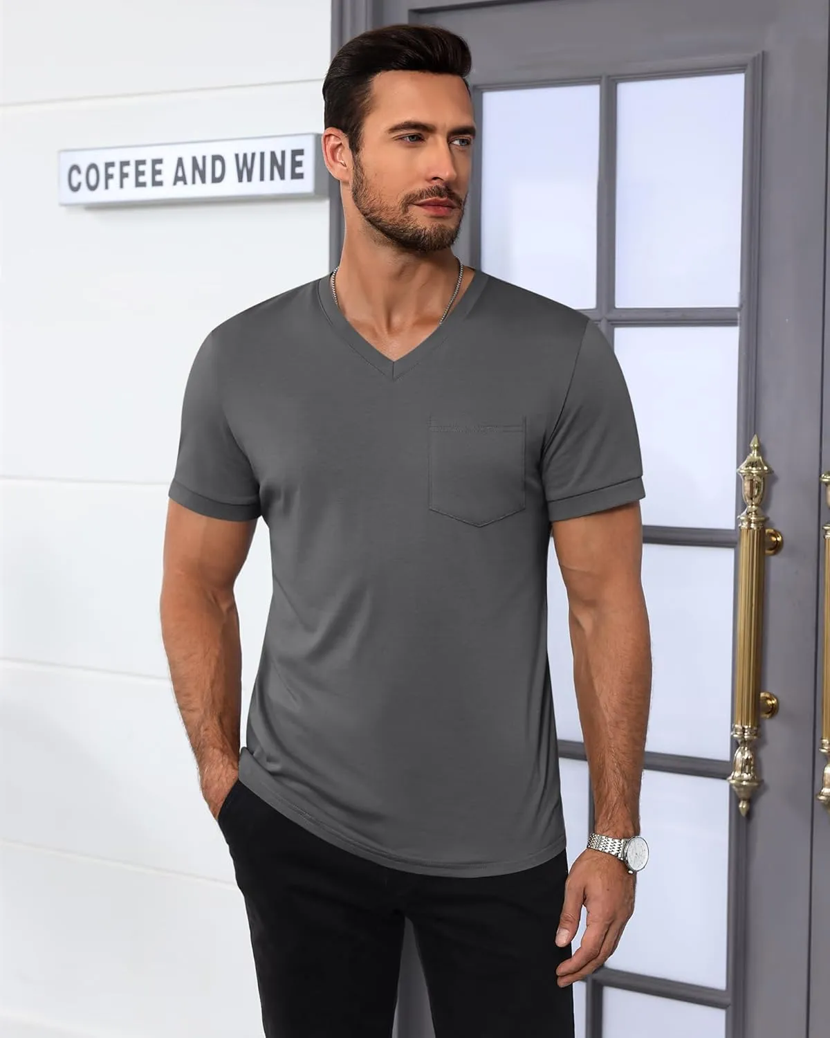 Ficerd 3 Pack Men's V Neck Pocket T-Shirts Short Sleeve Comfort Dressy Tee Shirts Casual Summer Athletic Plain Color Tops